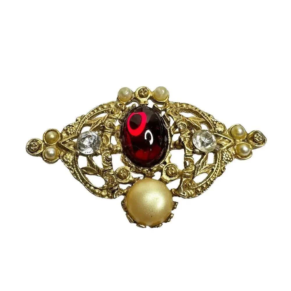 Vintage Red Gem Pearl Brooch Victorian Style Pin Gold Filigree with Crystals